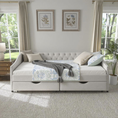 Alphonse Burwell 85" Linen Upholstered Tufted Sofa Bed Daybed with 2 Under-Bed Storage Drawers – Tufted Headboard Guest Bed (Beige/Dark Grey/Black)
