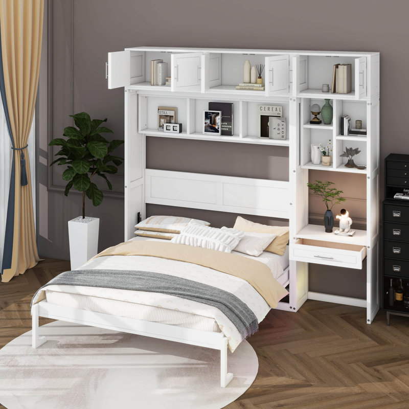 Grand lit escamotable mural avec bureau, armoire supérieure et tablettes de rangement, lit pliant peu encombrant, Blanc