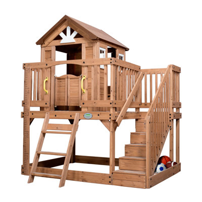 Backyard Discovery Scenic Heights Cedar Wooden Elevated Kids Playhouse with Play Kitchen, Deck, and Toy Storage Bench