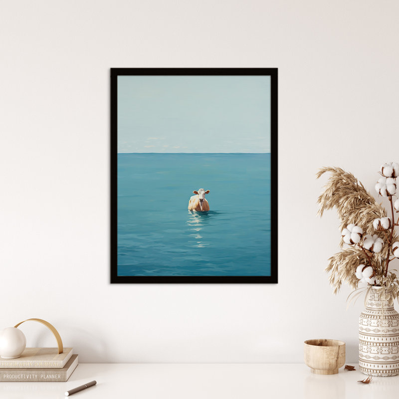 Open Water Swimming Cow Bath Oil Blue Tan - Single Picture Frame Print
