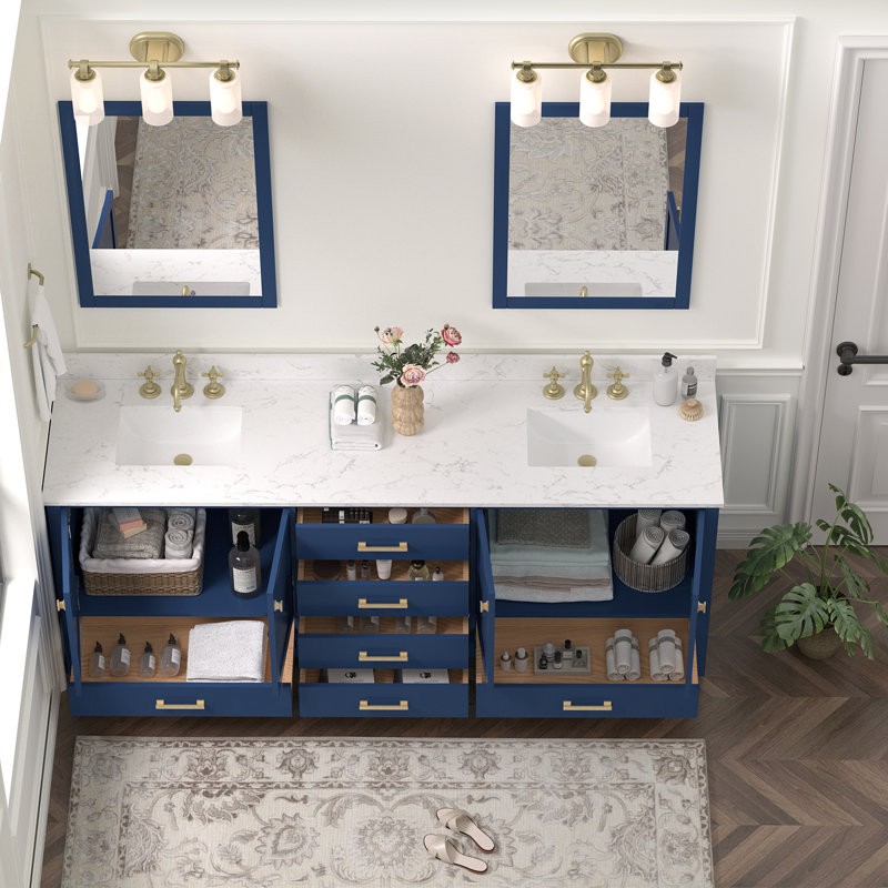 Meuble-lavabo double autoportant de 84 po avec comptoir en quartz, Bleu