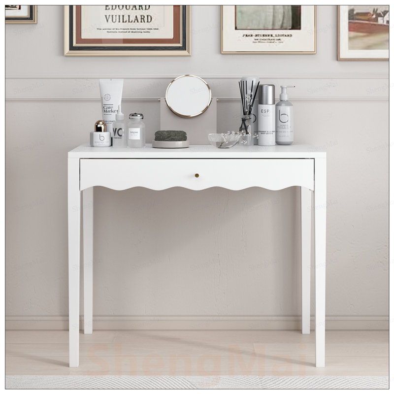 Meuble-lavabo compact avec tiroir - table de maquillage moderne, façade festonnée, poignée dorée, idéale pour les petits espaces et les bureaux à domicile