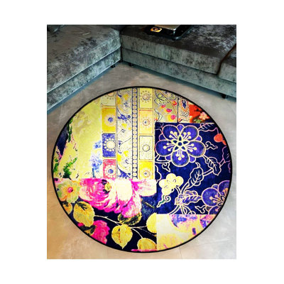 Round Multicolor Shapes and Flowers Detailed Woven Base Modern Decorative Machine Washable Rug