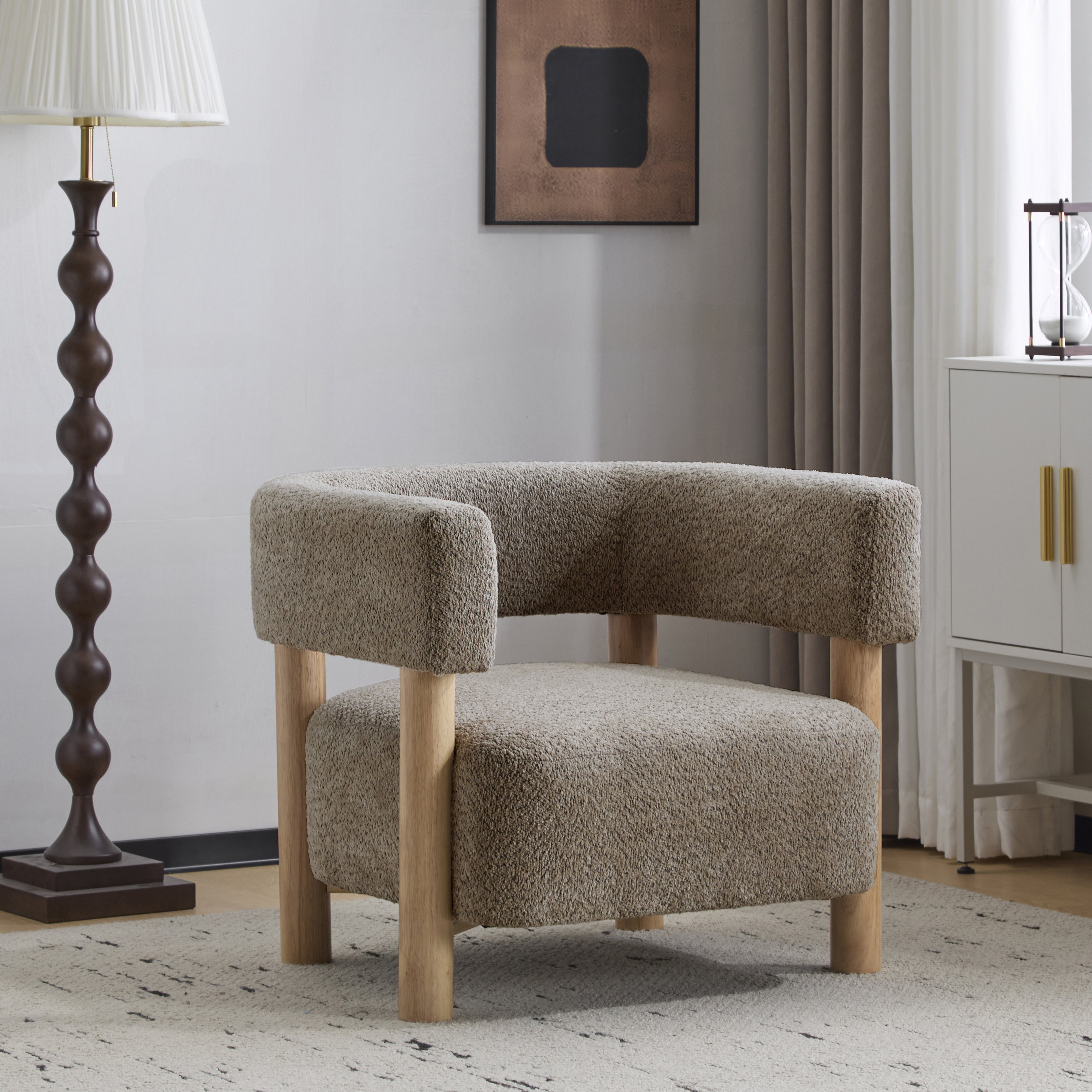 Ebern Designs Lejon Boucle Upholstered Accent Chair With Rubberwood ...