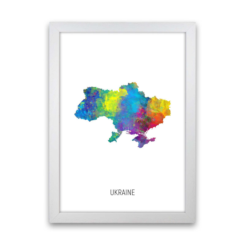 Ukraine Watercolour Map by Michael Tompsett - Print, 88cm H x 64cm W x 3cm D, White Framed