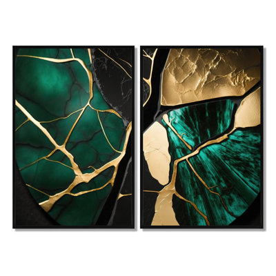 «Abstract Geode Gold I», art mural abstrait en marbre 2 pièces