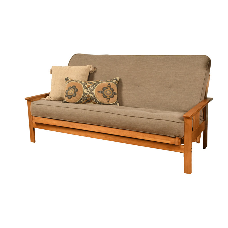 Structure de futon double avec matelas à ressorts double Johnte, Noyer cendré, Lin pierre, Premium Pocket Coil