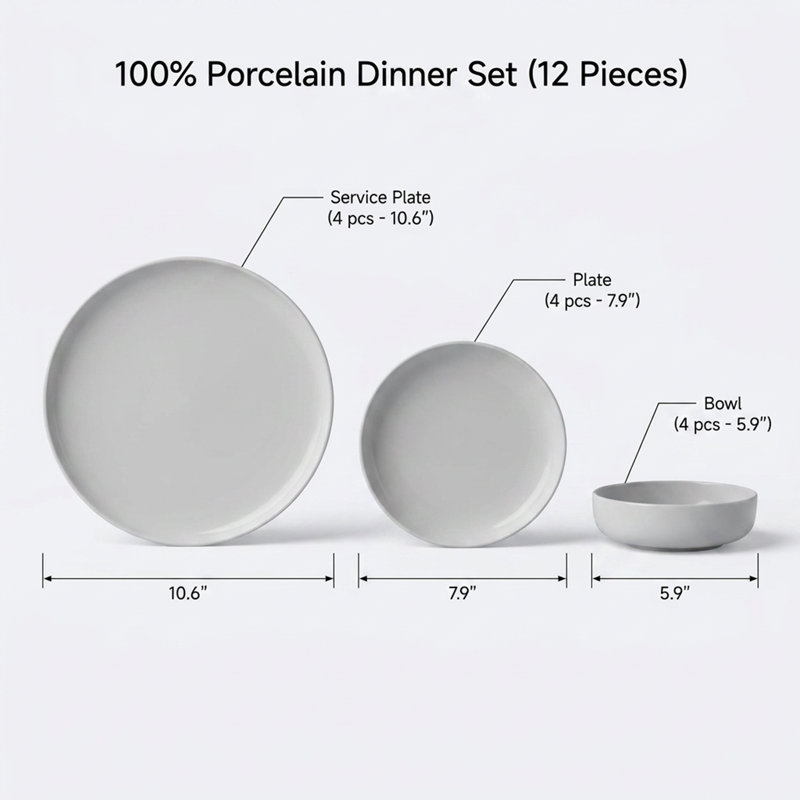Modern Coupe Anthracite Porcelain Dinnerware Set (12-Piece Service for 4)