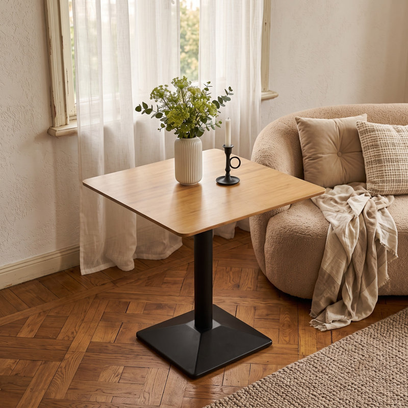 Compact Square Dining Table for Two - Modern Bamboo Top with Black Metal Pedestal Base
