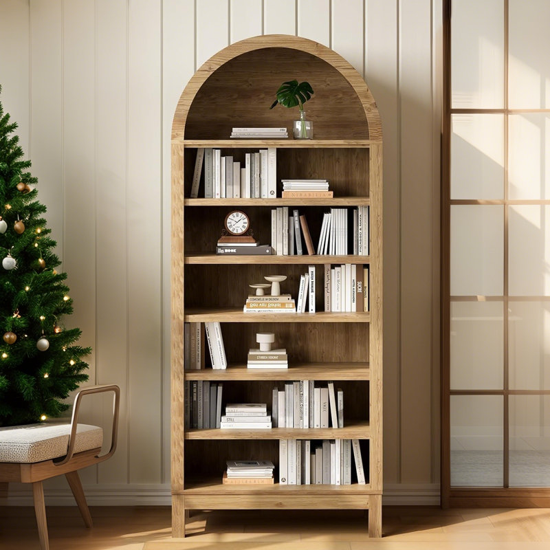 71" Tall Arched Display Cabinet, 7-Tier Adjustable Shelf Bookcase, Farmhouse Storage Organizer for Living Room, Entryway, Bathroom