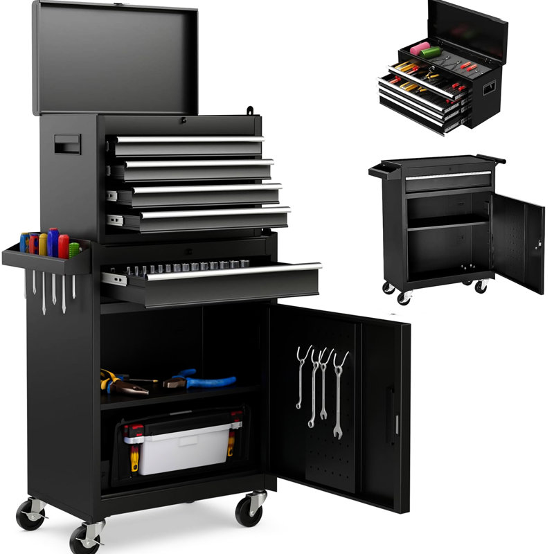Coffre à 5 outils, coffre supérieur amovible, roues universelles, outils de 154 pièces, acier, antirouille, chariot en métal sécuritaire et pratique, 5 tiroirs, tablette réglable, revêtement antirouille, rangement