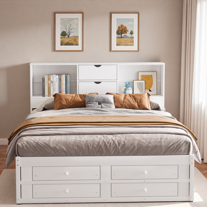 Platform Bed With Storage Headboard And 8 Drawers, King, White