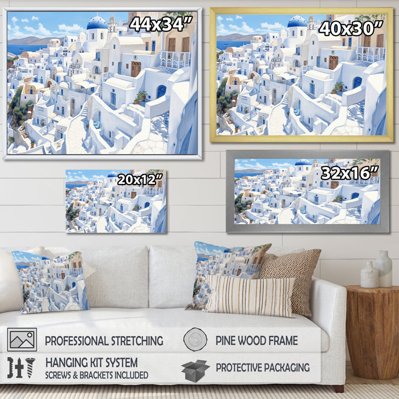 «Greek Santorini Odyssey III», reproduction d'art sur toile, Cadre simple blanc, H 34 po x l 44 po x P 1,5 po