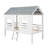 Twin Size Low Loft Kids House Bed with Roof & 2 Front Windows, White, Playhouse Style Wooden Frame