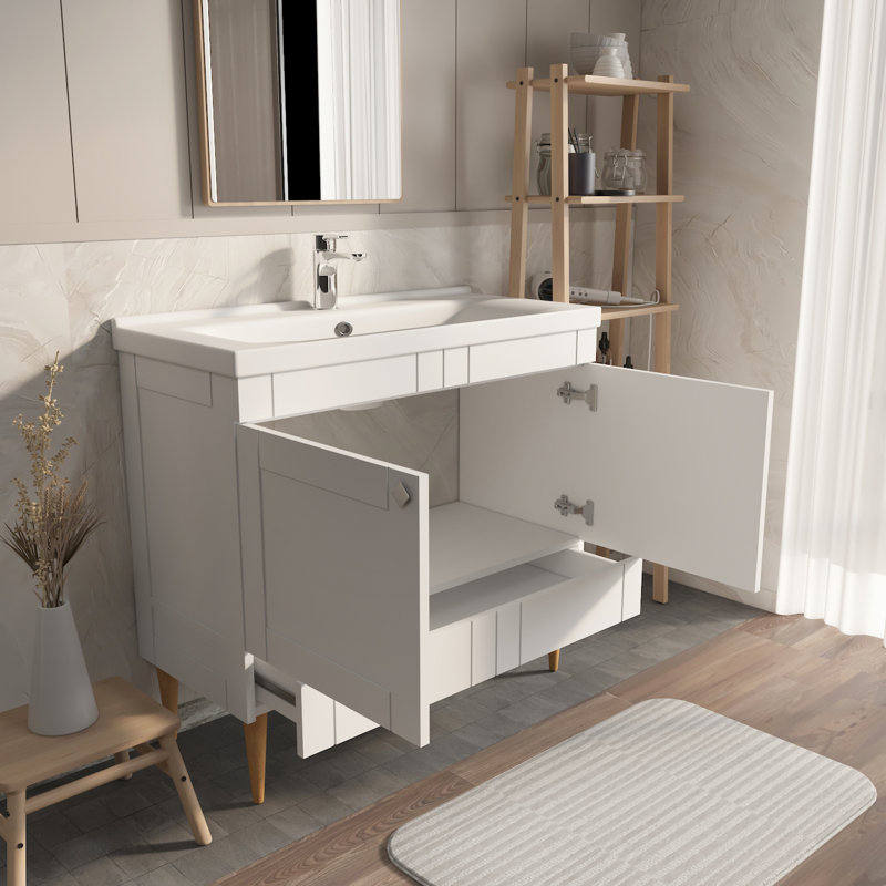 Meuble-lavabo avec lavabo en céramique Sara, Blanc, 39"