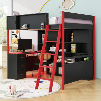 Lit mezzanine double avec bureau, tiroirs, porte de garde-corps réglable et éclairage DEL