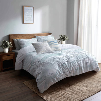 Coastal Bedding Set Of 5 - Dots Dotted Wave Bluesage Duvet Cover And Throw Cushion Set