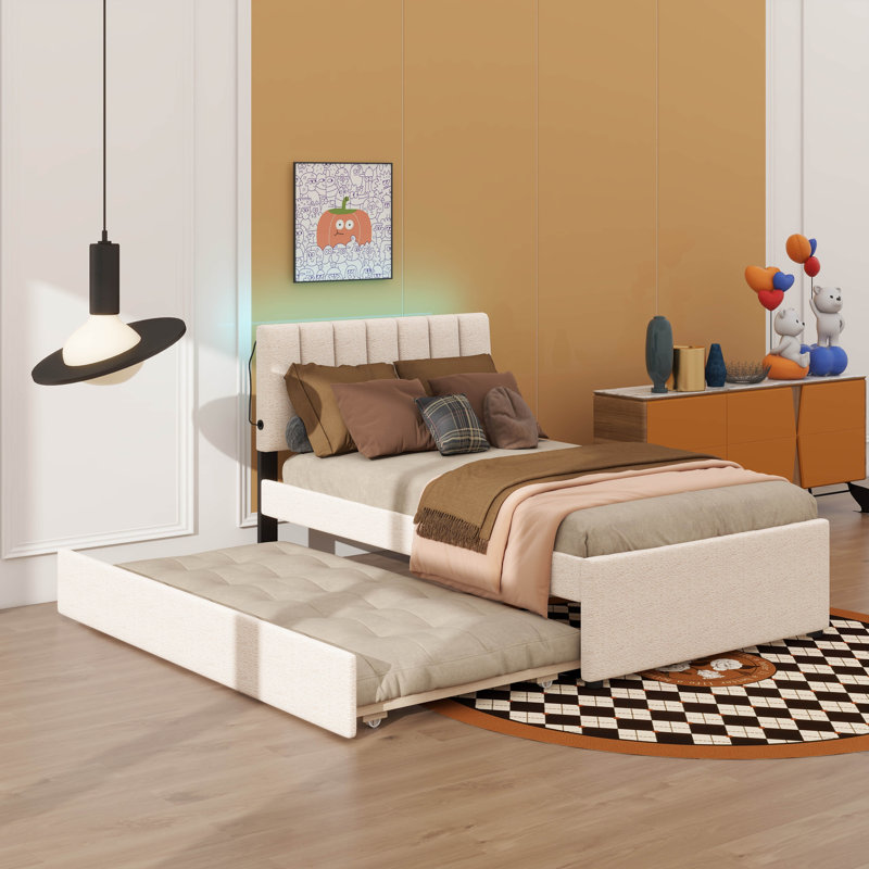 Lit plateforme simple tapissier avec lit gigogne dissimulé, Beige