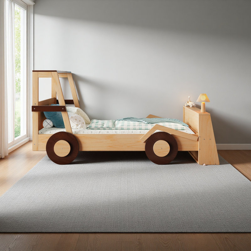 Twin Size Car Bed With Storage Shelves, Kids Platform Bed With Cute Car-Shape, Childlike Design, Natural