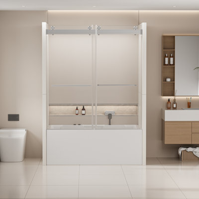 Sliding Tub Door，56-60 In. W X 62 In. H Frameless Double Tub Shower Door Soft Closing, Brush Nickel