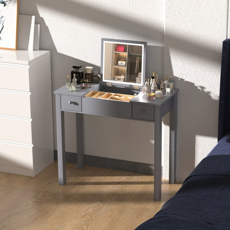 Table de coiffeuse grise avec lumières à DEL et 2 tiroirs - miroir rabattable de 3 mm, grand espace de rangement pour cosmétiques et miroir élégant pour bijoux, lunettes de maquillage
