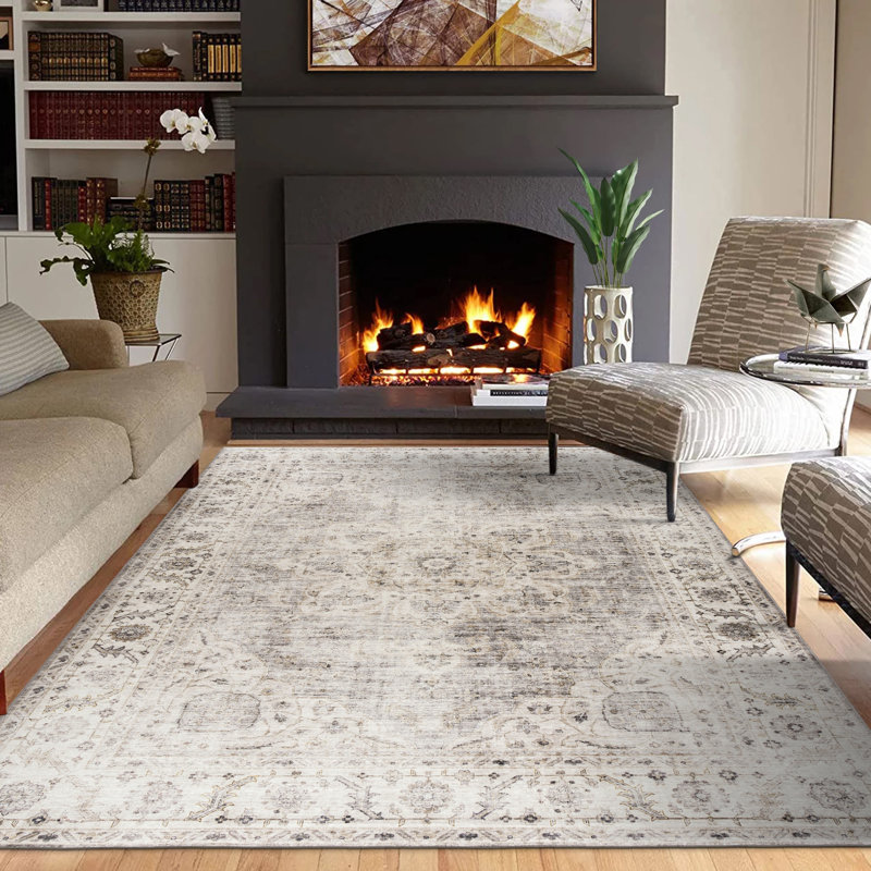Tapis beige ivoire lavable à la machine Vintage Lefkothea Joy, Beige Ivory, Rectangulaire 3 pi x 5 pi