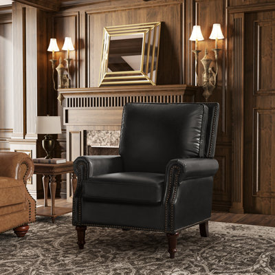 Wajeeh 33"W Mid-Century Modern Buttery Genuine Leather Accent Chair With Solid Wood Legs