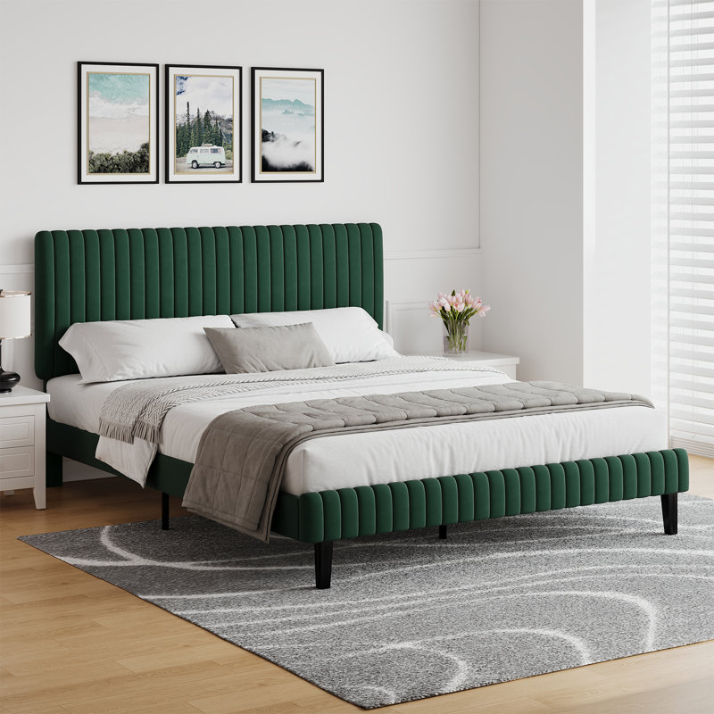 Velvet Upholstered Platform Bed Headboard and footboard with soft-padded vertical channel quilting, Queen, Green