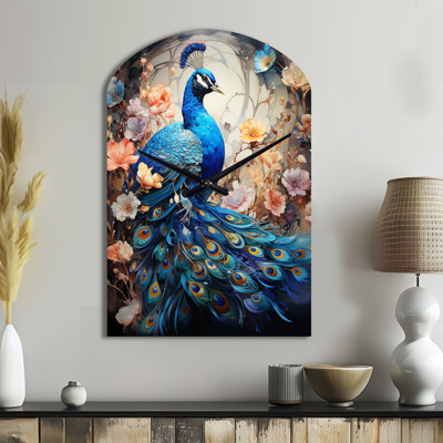 Blue Coral Indian Art Dancing Peacock I - Indian Art Arch Metal Clock, Global Asymmetrical Wall Clock Print