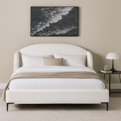 Peli King Size Bed, Low Profile Curved Back Ivory Faux Shearling Upholstery