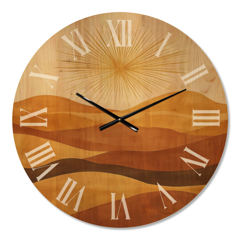 Horloge murale Botanical Vintage Silent Wood - Retro Sunset Over Desert Lines, Large