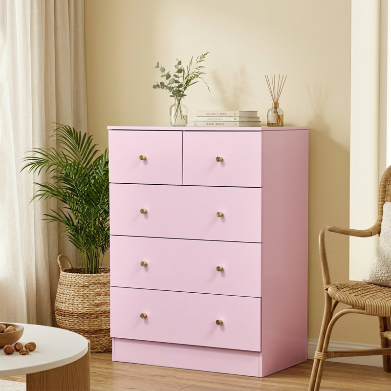  Commode à 5 tiroirs pour chambre à coucher et commode avec rangement robuste en bois pour garde-robe rose, Rose