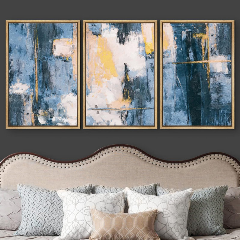 «Minimal Blue Yellow Paint Landscape», 3 pièces sur toile, Cadre naturel flottant, H 36 po x l 72 po