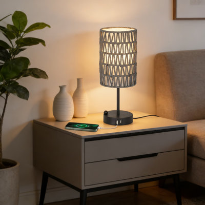 Touch Control Table Lamp With USB Charging Port & Phone Stand - 3-Way Dimmable Bedside Lamp With Rattan & Linen Shade For Bedroom, Living Room, Office, And Nightstand