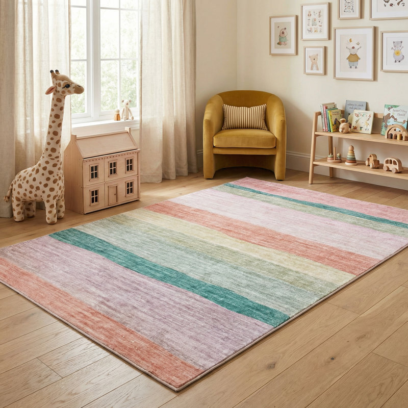Tapis à rayures rose / vert pour enfants 7 pi x 10 pi (6 pi 7 po x 9 pi 6 po) Branch Branch Haze, tapis moderne, à poils moyens et résistant aux taches
