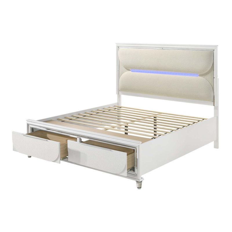 Très grand lit Tarian avec DEL et rangement, boucle blanche et finition blanc perle, Très grand