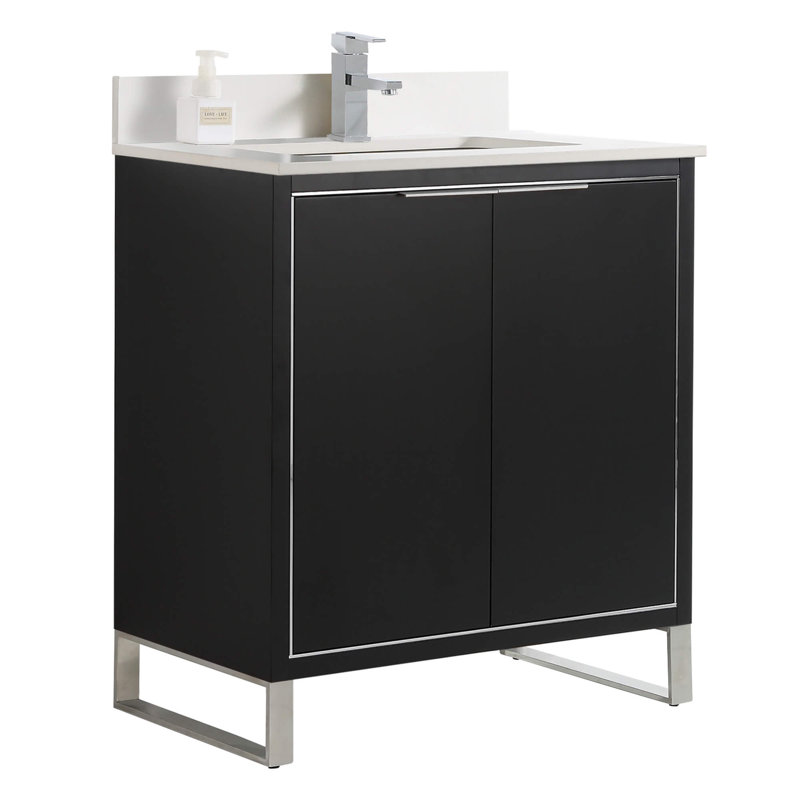 Geryl Free Standing Single Bathroom Vanity with Stone Top, Black Matte, Chrome, 30"W