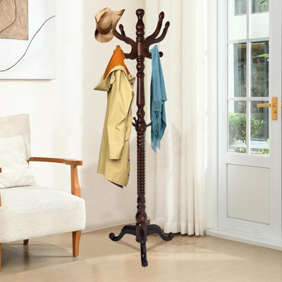 Freestanding Wood Coat Rack With 14 Hooks, Sturdy Tri-Leg Base For Entryway, Hallway, And Bedroom Organization, Easy Assembly