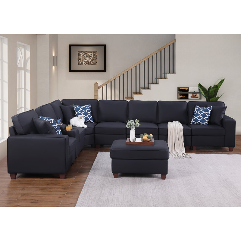 Artificial Leather Modular Sectional With Ottoman And Cupholder Console, Black Faux Leather