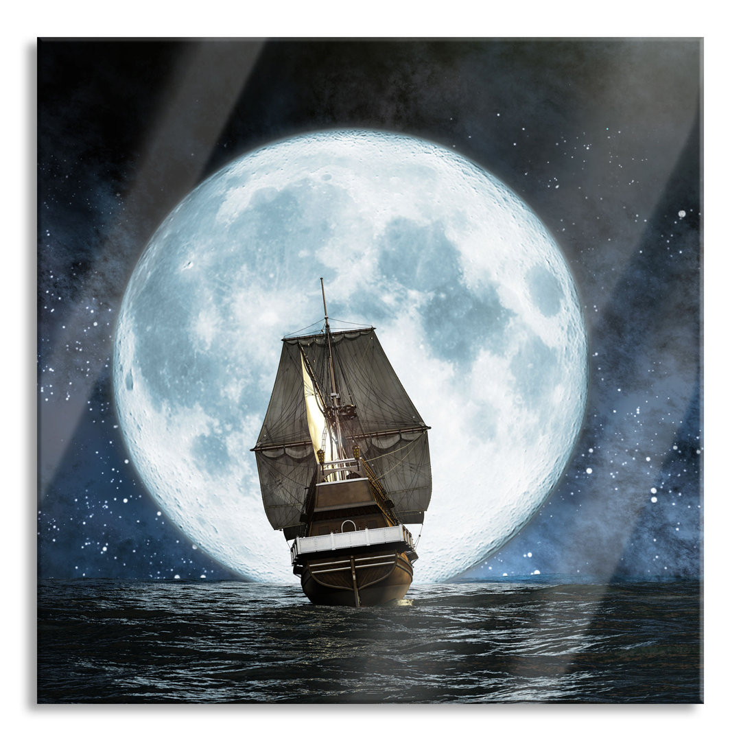 Glasbild Segelboot mit Vollmond