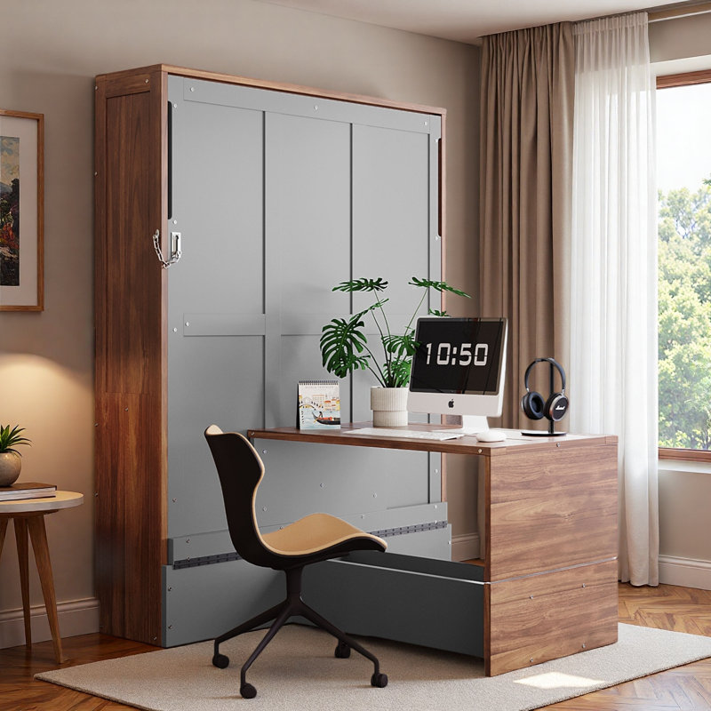Lit escamotable avec bureau pliable Murphy, Gris/noyer