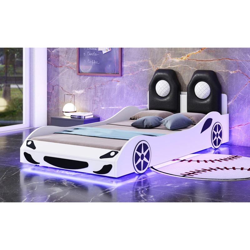 Lit plateforme en bois pour voiture de course avec DEL et dossier rembourré, blanc, Blanc