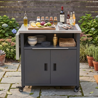 Foldable Outdoor Kitchen Island BBQ Grill Cart with Stainless Steel Tabletop, Trash Rack, Ample Storage and Locking Wheels