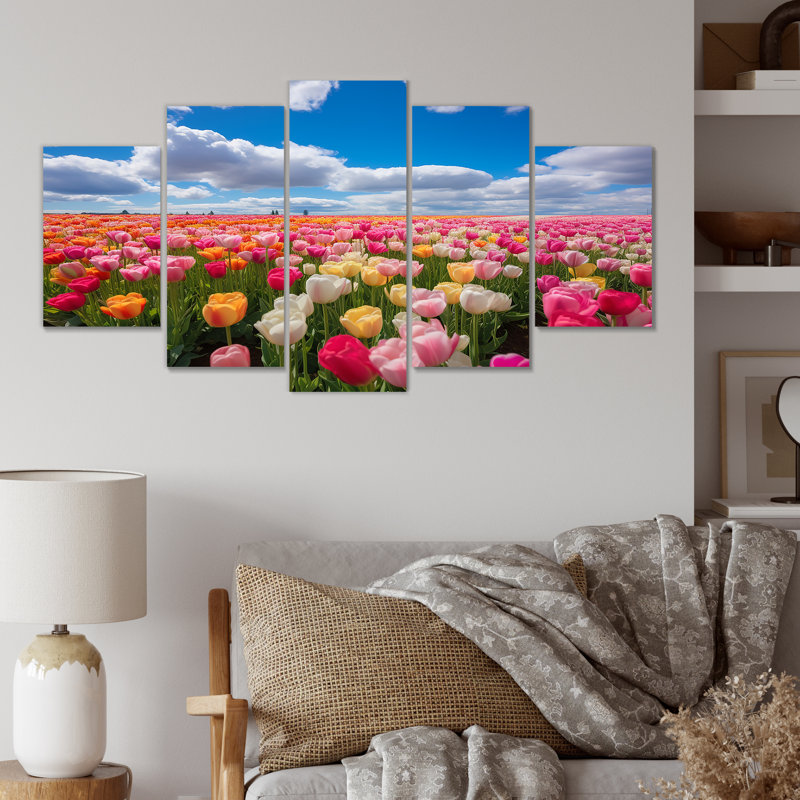 «Rose and Yellow Tulip Field Beauty - Tulip Multipanel», art mural