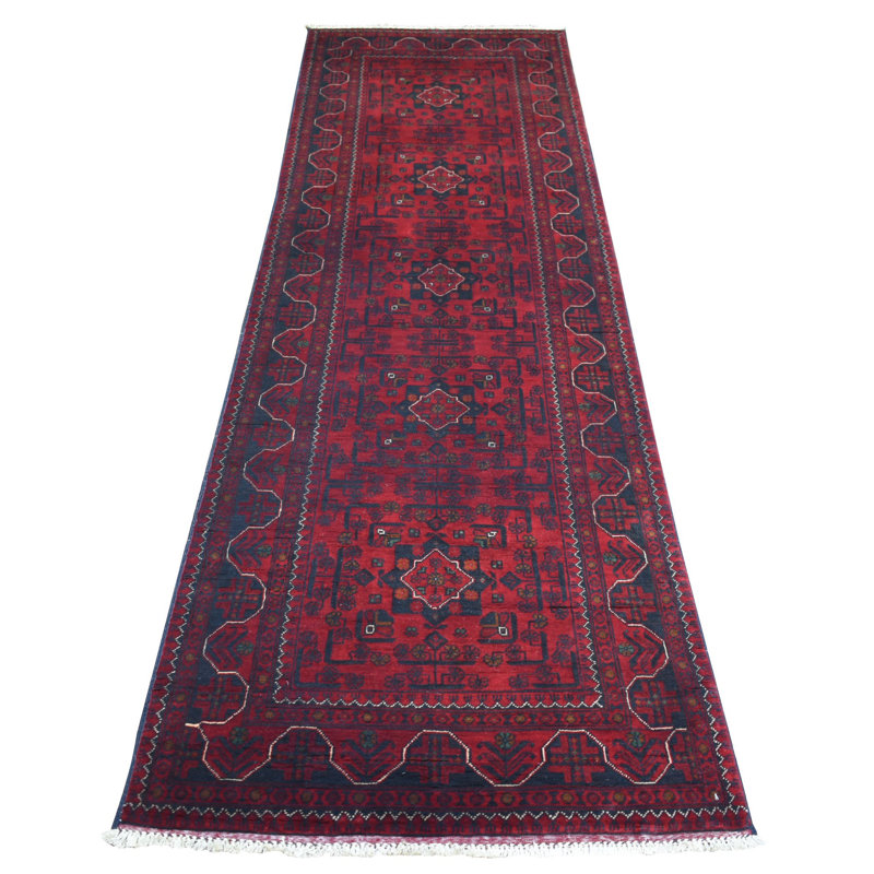 Tapis de couloir oriental large en laine noué à la main 3 pi x 9 pi 6 po rouge et satiné avec motif géométrique 5D620AF8B0E2403D91AFA13462593D39