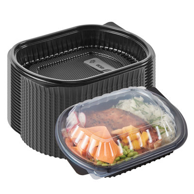 Restaurantware-RW Base 34 Ounce Meal Prep Containers, 100 Microwavable To Go Containers With Lids - 3 Compartments, Disposable, Black Plastic Oval Food Containers, For Hot And Cold Food, Freezable