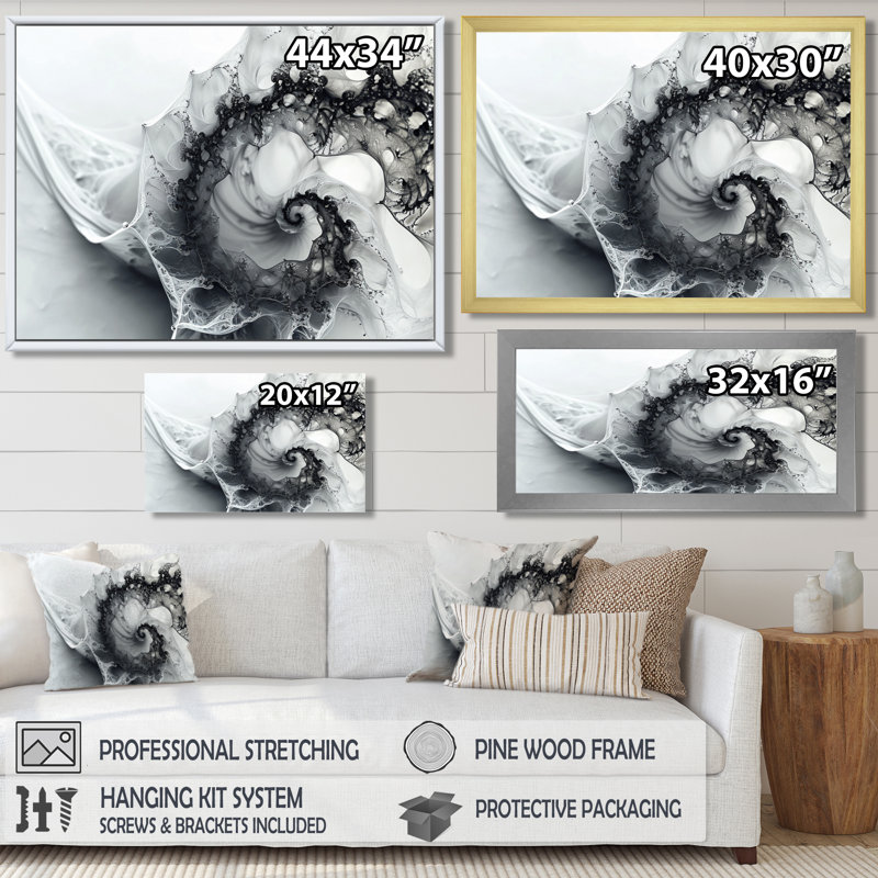 Fractale spirale noire et blanche, 12" H x 20" W x 1" D, Black Floater Framed Canvas