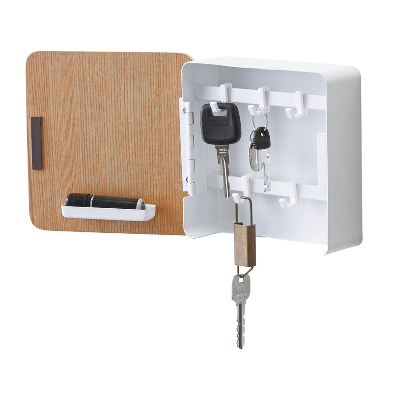 Yamazaki Home Square Magnetic Key Cabinet, Wood Accented Keychain Organizer, Steel + Wood, Magnetic, White