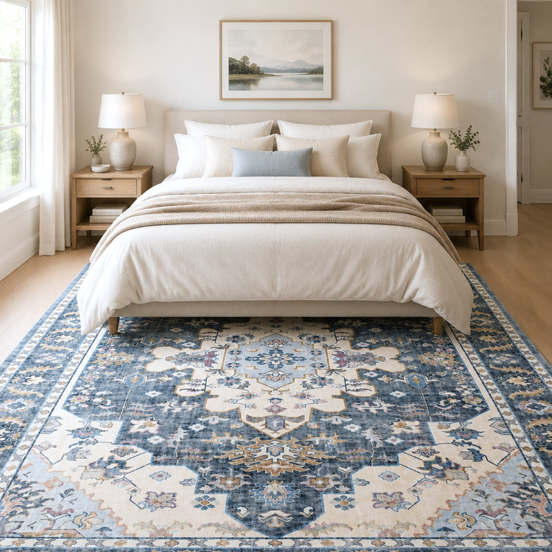Vintage Persian Area Rug, Blue Floral Indoor Outdoor Carpet, Washable Durable Rug for Living Room, Dining Room, Hallway, Entryway, Farmhouse Decor