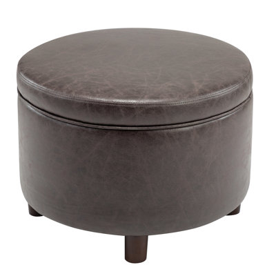 Classic Round Storage Ottoman Footstool With Removable Lid, Upholstered Faux Leather/Fabric, Wooden Legs For Living Room & Bedroom